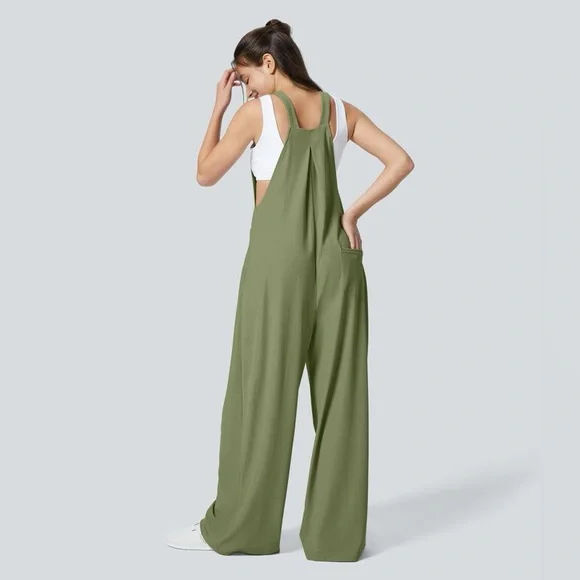 Halara Adjustable Strap Button Multiple Pockets Waffle Casual Overalls Green - Picture 9 of 10